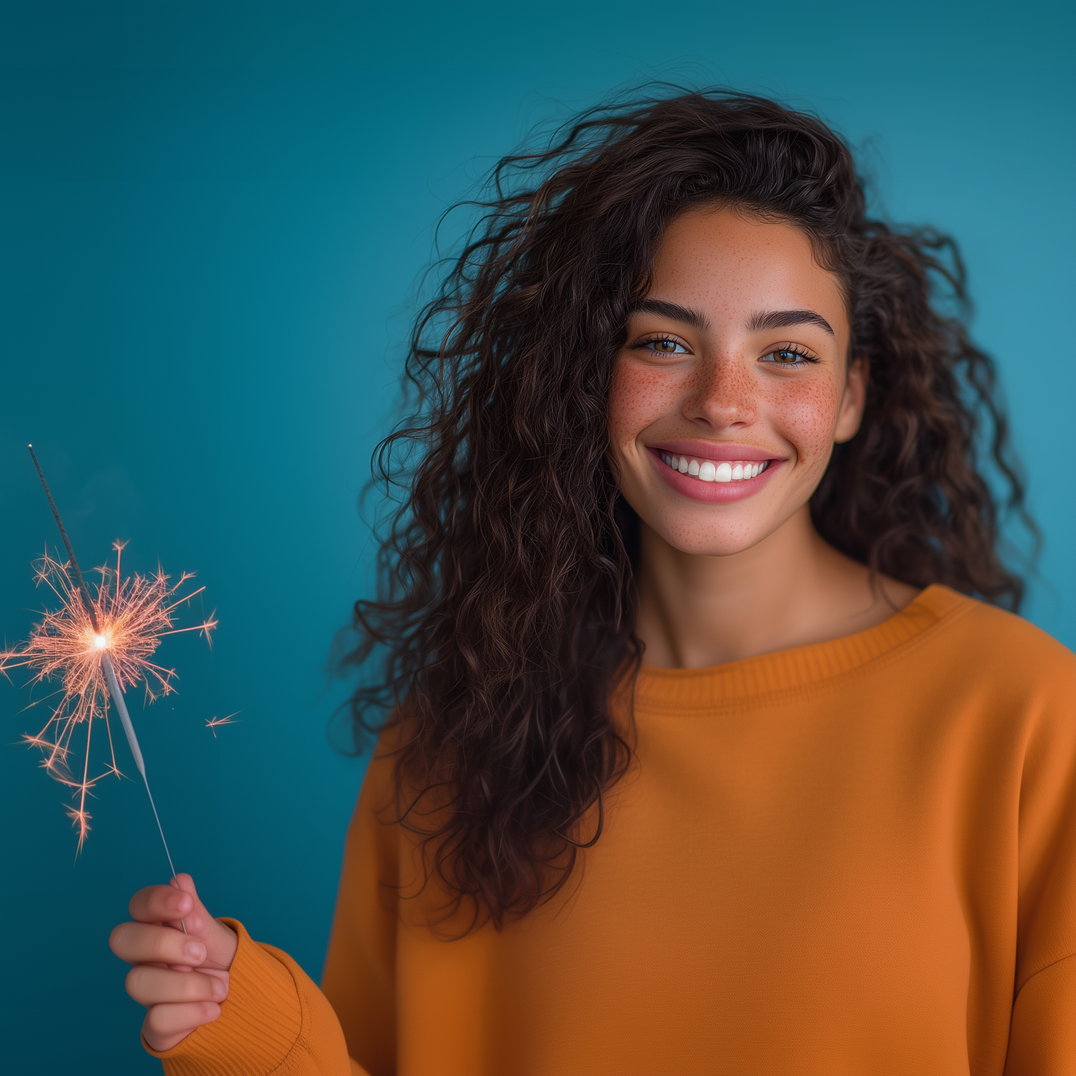 Woman with curly hair smiles brightly, holding a lit sparkler against a blue background, wearing an orange sweater.