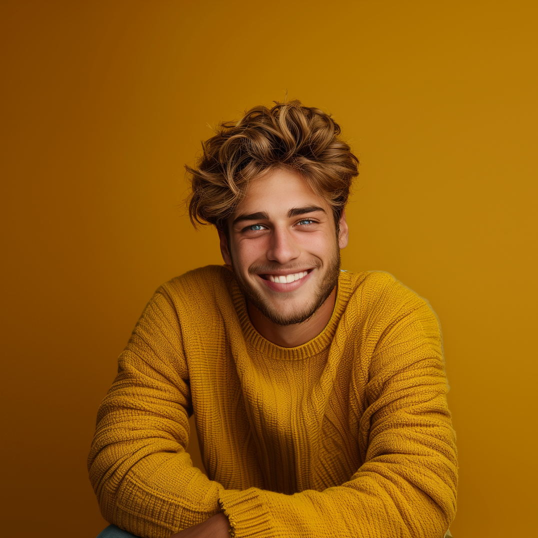 The man is wearing a yellow sweater and smiling.