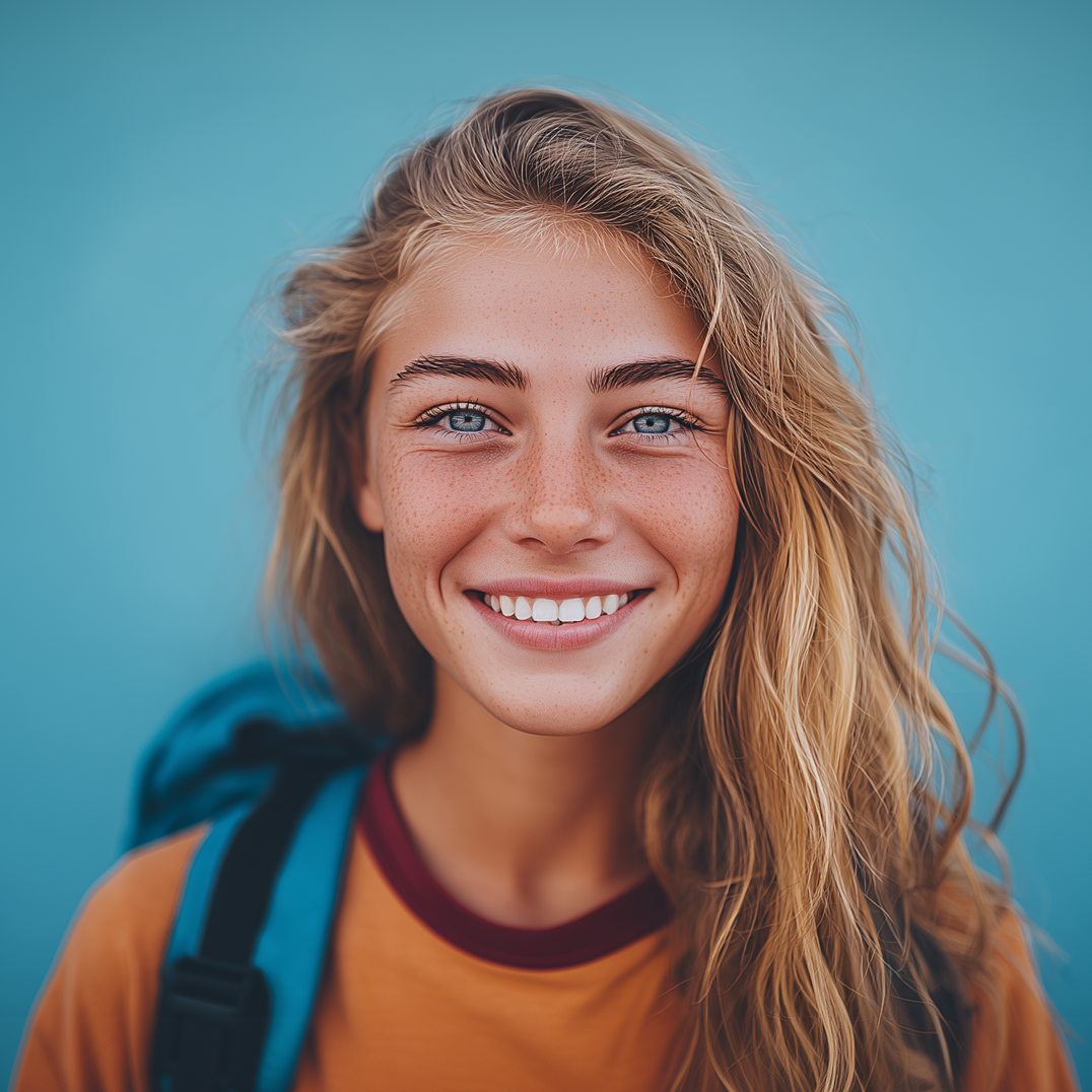 Smiling young woman with blue eyes and freckles, wearing an orange shirt and backpack, stands against a blue background.