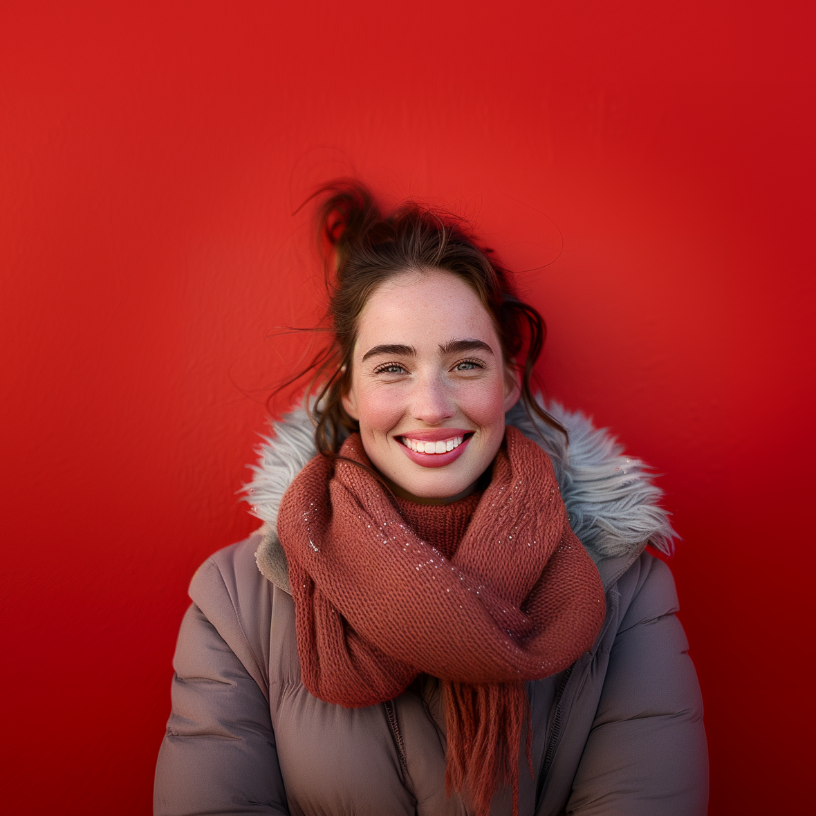 A woman wearing a scarf and a jacket is smiling in front of a red wall.