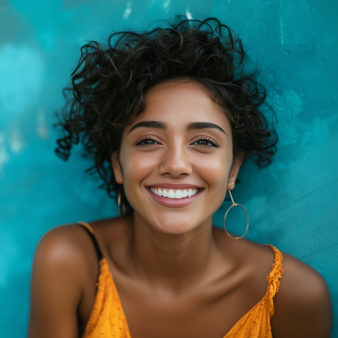 A woman with curly hair is smiling in front of a blue wall.