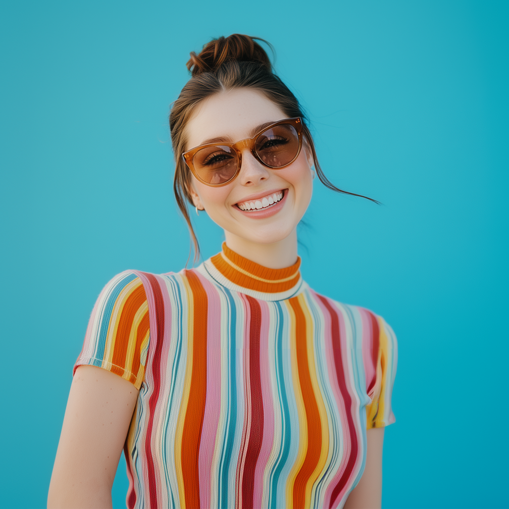 A woman wearing sunglasses and a striped shirt is smiling
