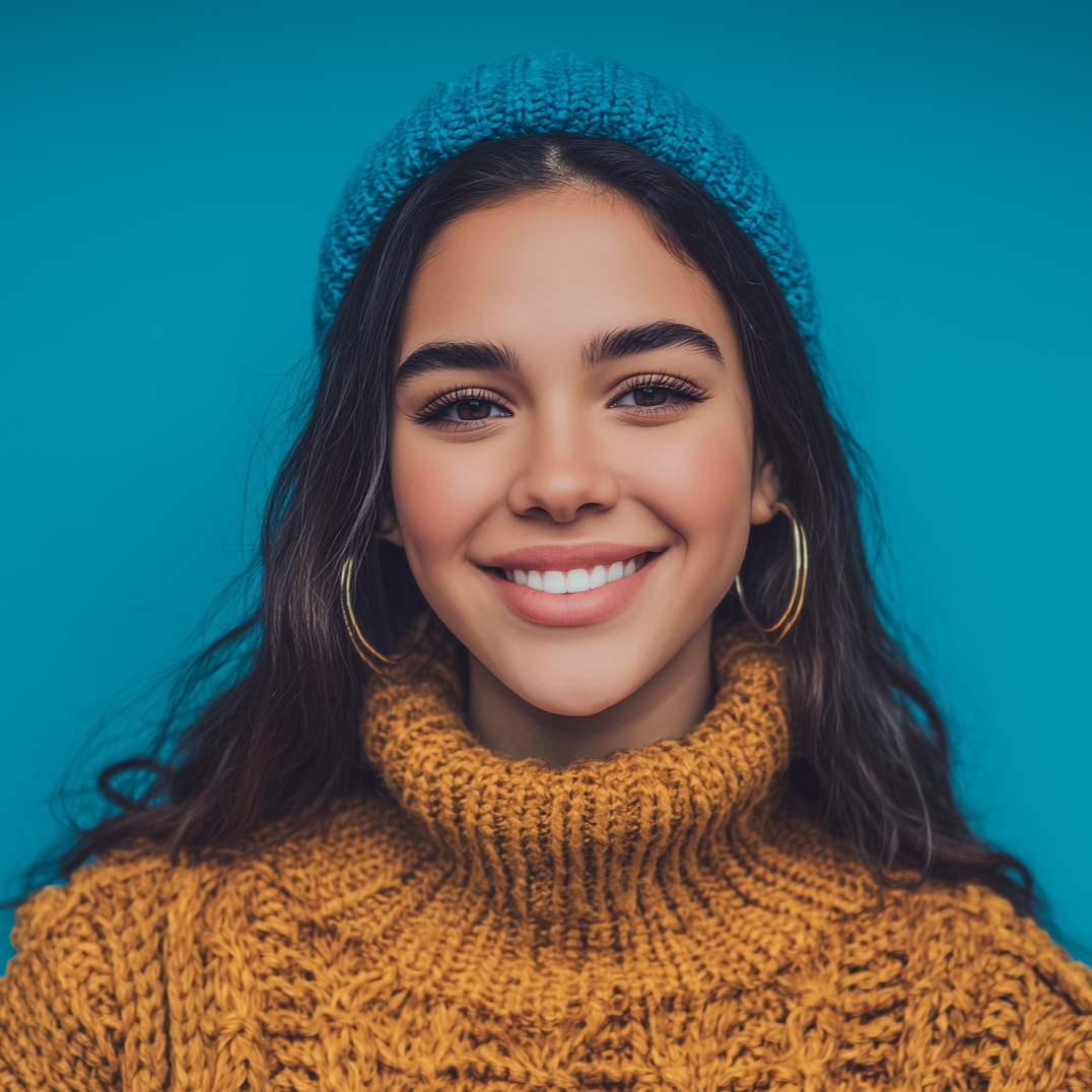 Young woman with dark hair, wearing a blue beanie and yellow sweater, smiling against a blue background.