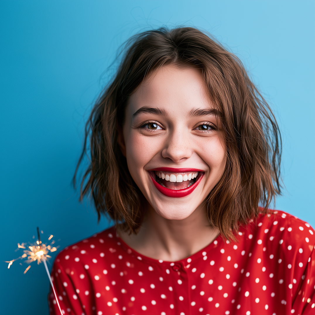 Smiling woman in a red polka-dot top holding a sparkler against a blue background