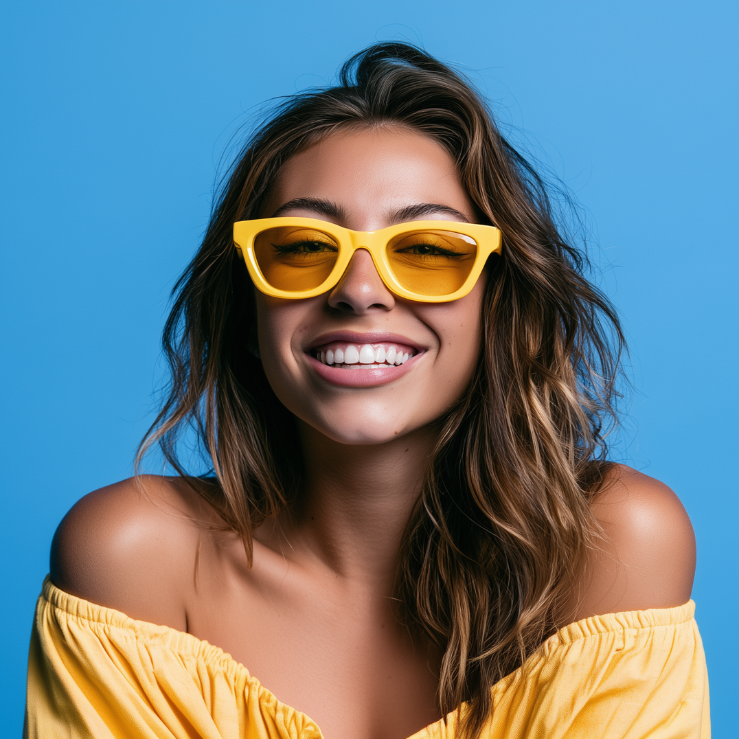 Smiling woman in yellow sunglasses and off-shoulder top against a blue background
