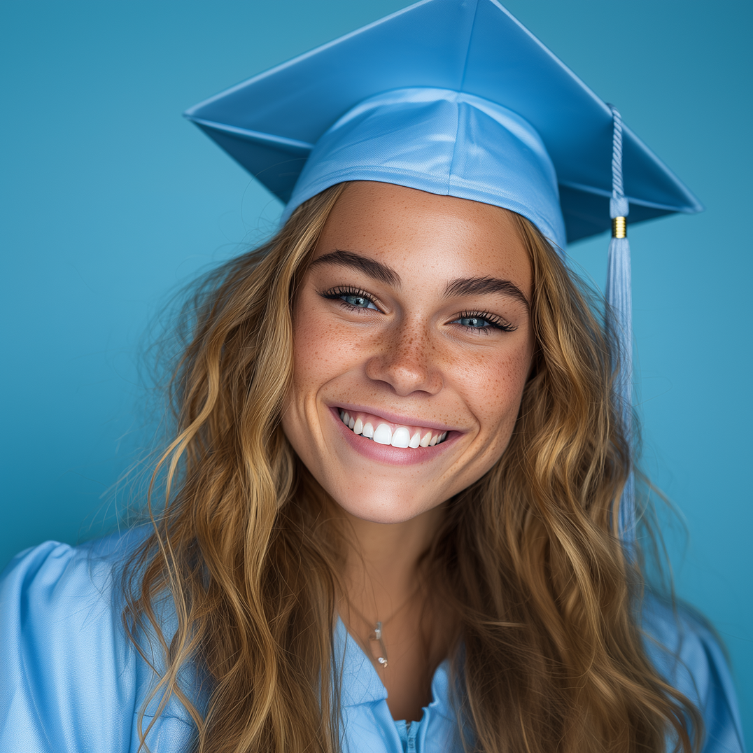 Smiling graduate in a blue cap and gown against a blue background