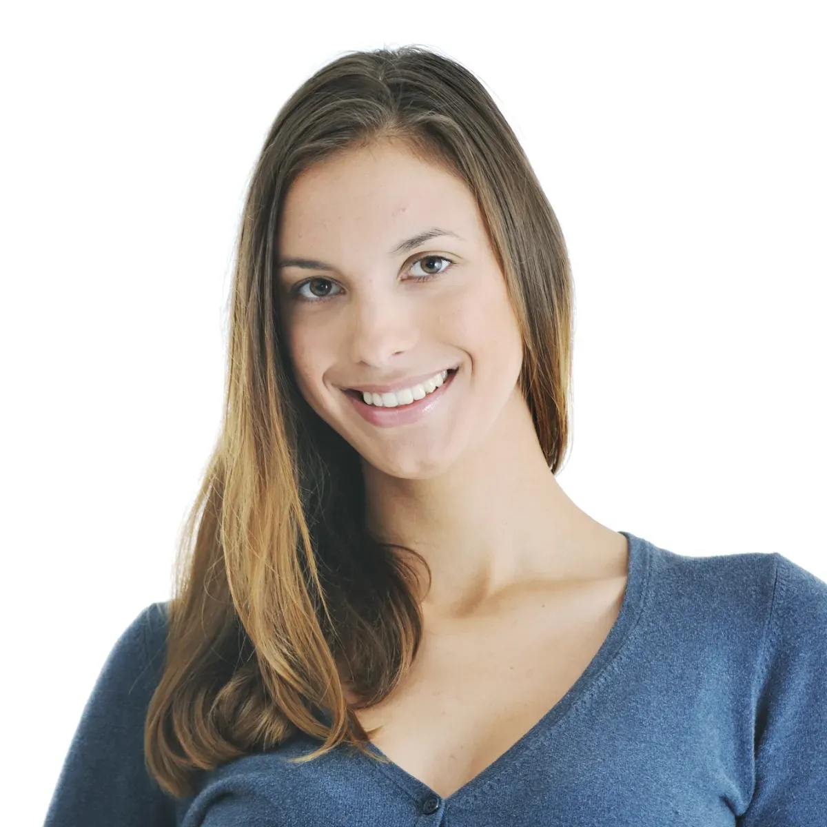 woman in blue shirt smiling