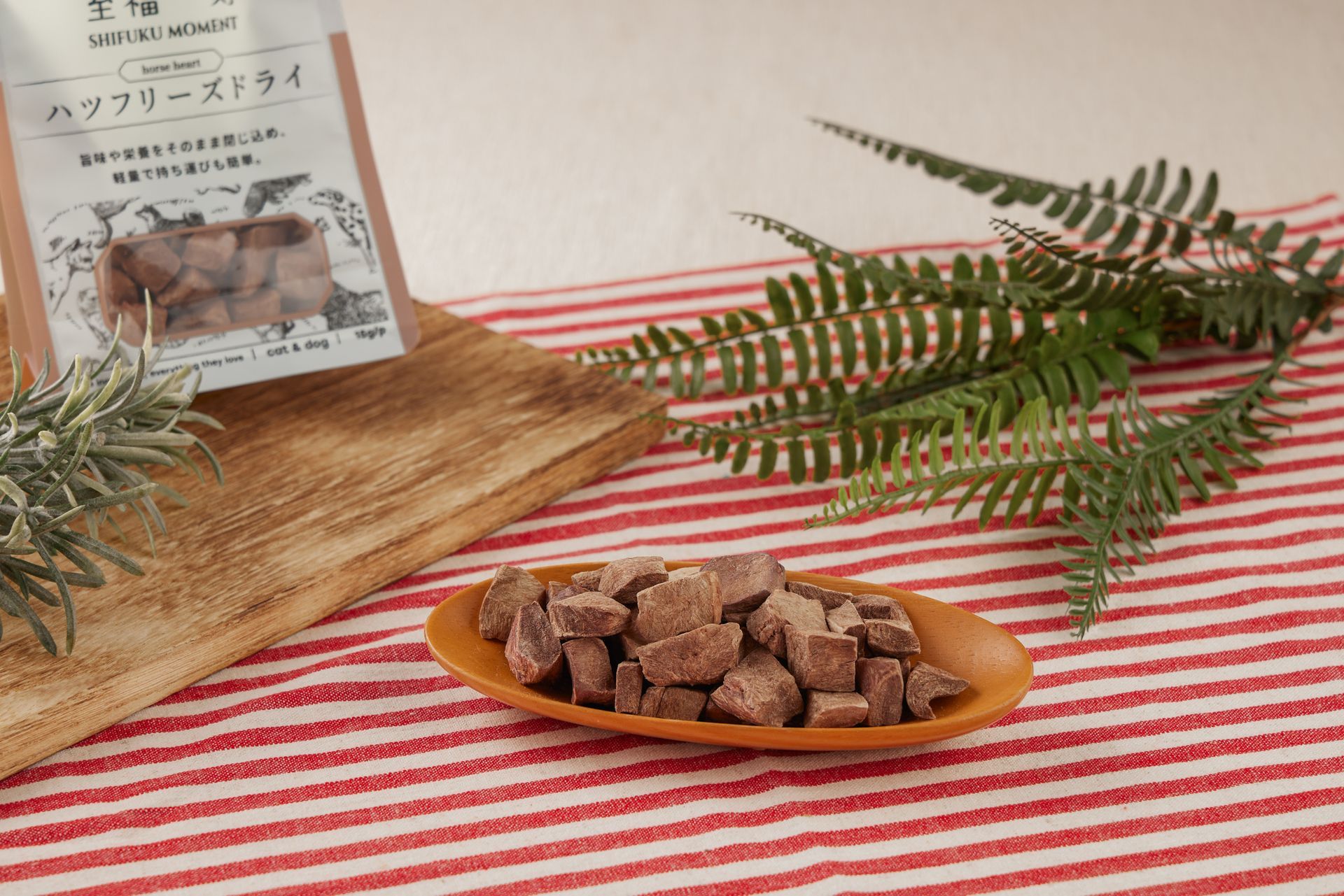 一塊紅白條紋的布上，放著一個木勺，上面裝著乾糧塊，旁邊還有包裝和綠色植物。