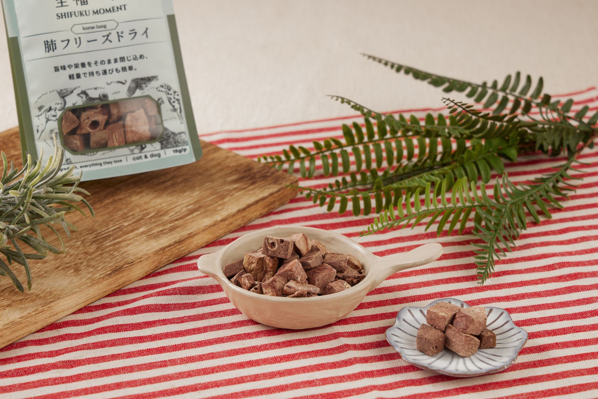 一包冷凍乾燥食品，配有一個碗和一小碟盛放食品的盤子，盤子底面為紅色條紋。旁邊還有蕨類植物和一塊木板。