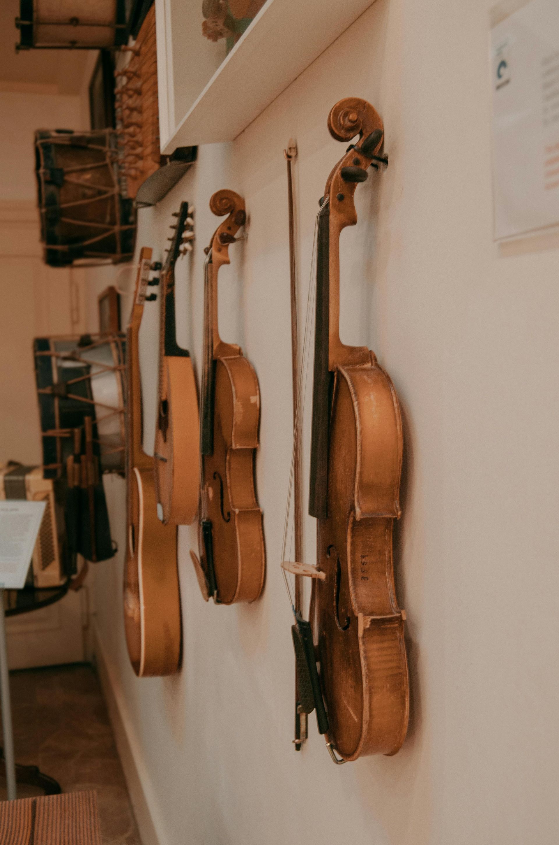 Side-view of three wooden violins and a bow hanging on a white wall in a room with other musical instruments.