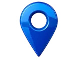A glossy, blue 3D location pin icon centered on a white background.