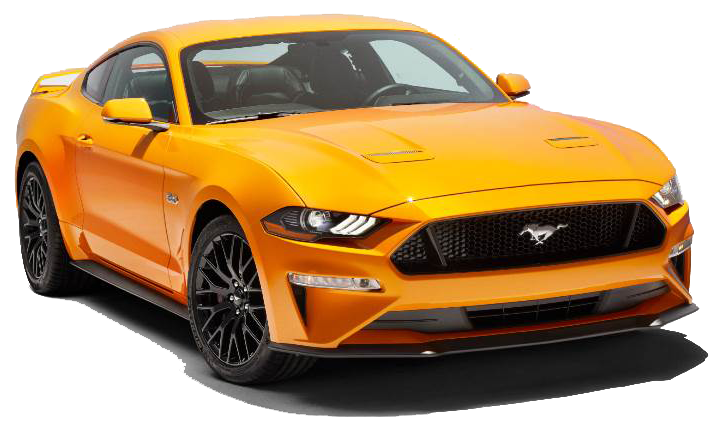 Orange Ford Mustang coupe with black wheels parked against a plain white background.