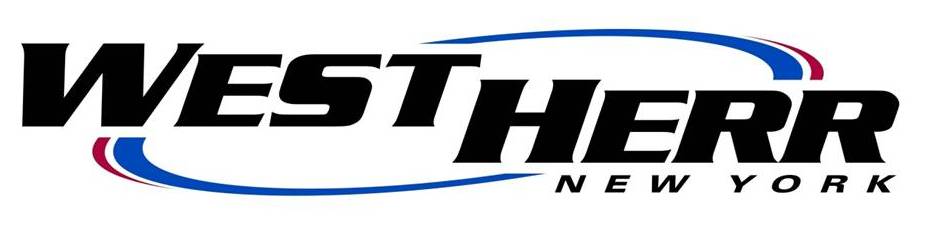 The black West Herr logo in New York, accented by stylized blue and red swooshes above and below the text.