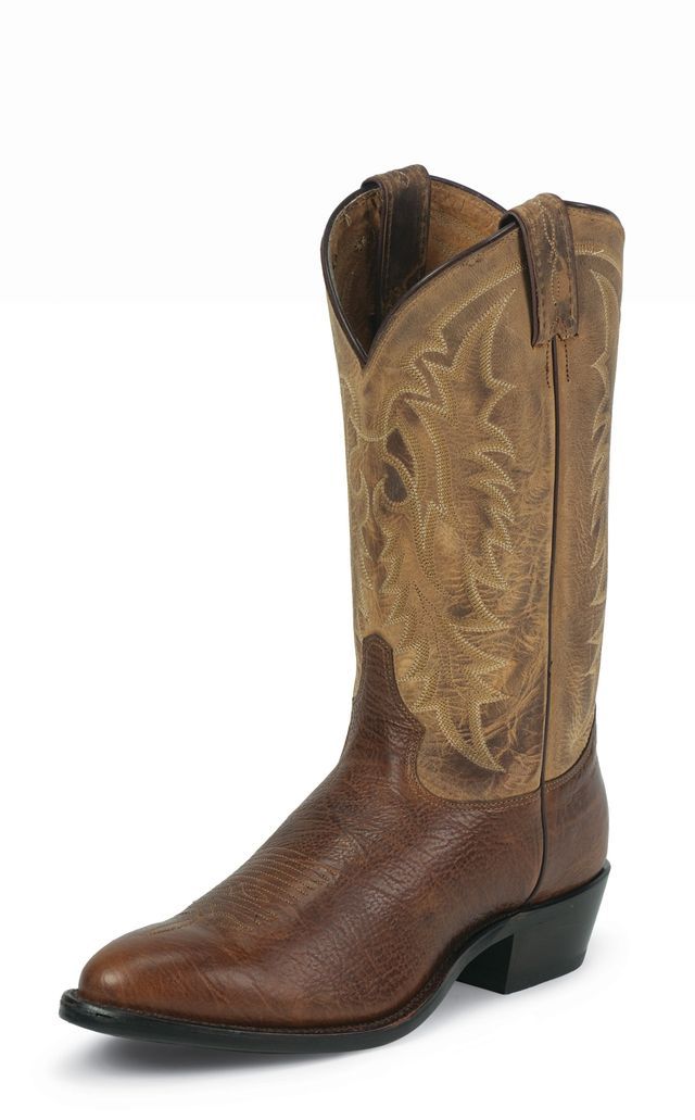 A pair of brown cowboy boots on a white background.