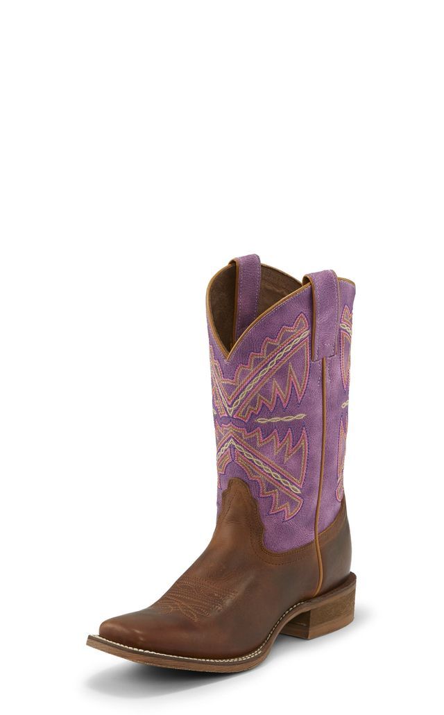 A pair of brown and purple cowboy boots on a white background.
