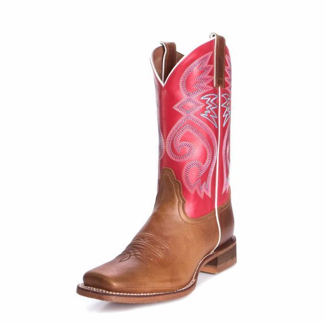 A pair of brown and red cowboy boots on a white background