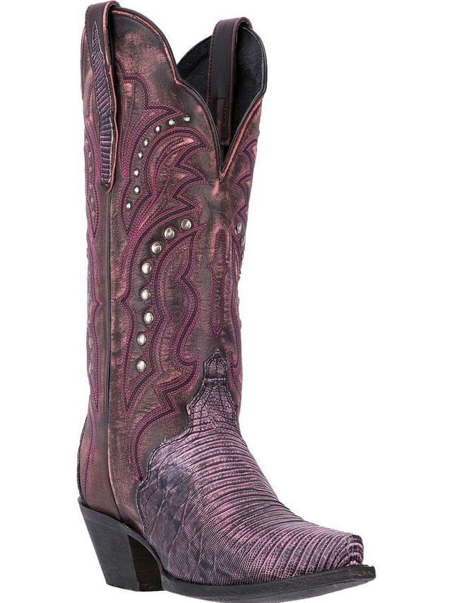 A pair of purple snakeskin cowboy boots on a white background.