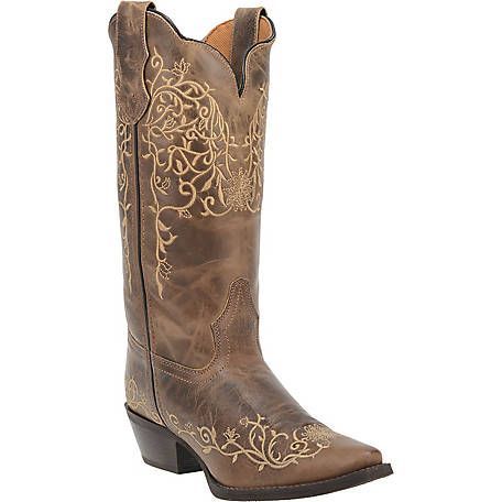 A pair of brown cowboy boots with gold embroidery on a white background.