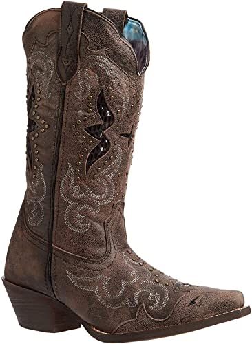 A pair of brown cowboy boots on a white background.