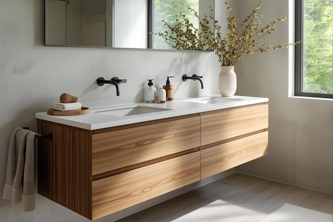 Modern floating wood bathroom vanity with double sinks, matte black faucets, and natural light highlighting the warm grain and minimalist design.