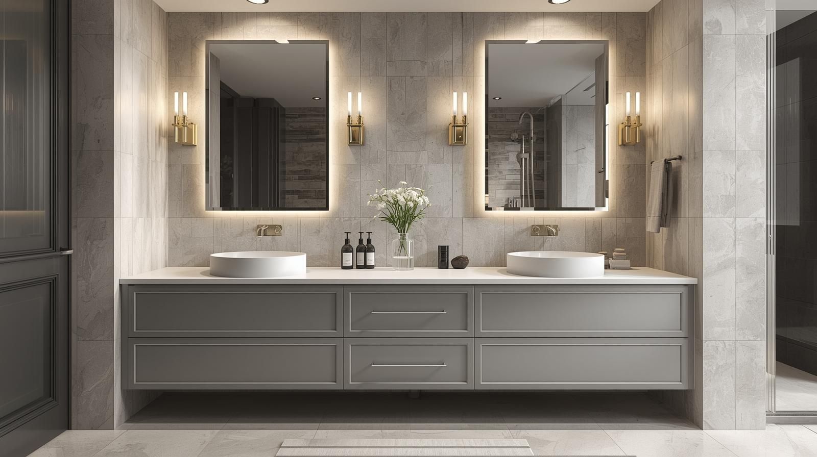 Modern bathroom with double vanity, two backlit mirrors, gray cabinets, and light stone tile.