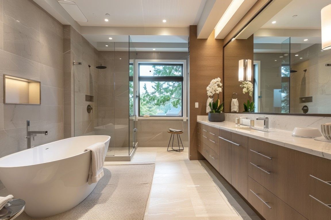 Bathroom with a white tub, glass shower, wooden door, and wood-look flooring.