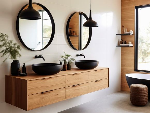 Modern bathroom with natural wood cabinetry, dual black vessel sinks, round mirrors, pendant lighting, and a freestanding black-and-white bathtub by a large window.