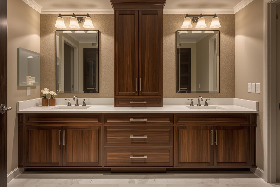 Custom bathroom cabinets in a warm wood finish with dual sinks, modern hardware, and matching mirrors in a stylish, updated bathroom.
