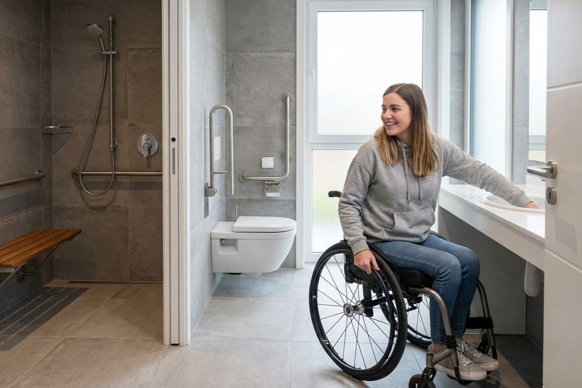 Woman in wheelchair using an accessible bathroom with roll-in shower, grab bars, open sink clearance, and barrier-free layout.
