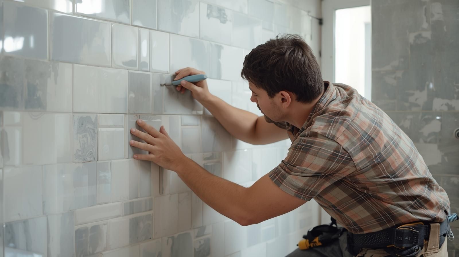 Remodeling contractor setting white bathroom wall tiles by hand, aligning and adjusting the surface during a bathroom tile installation project.