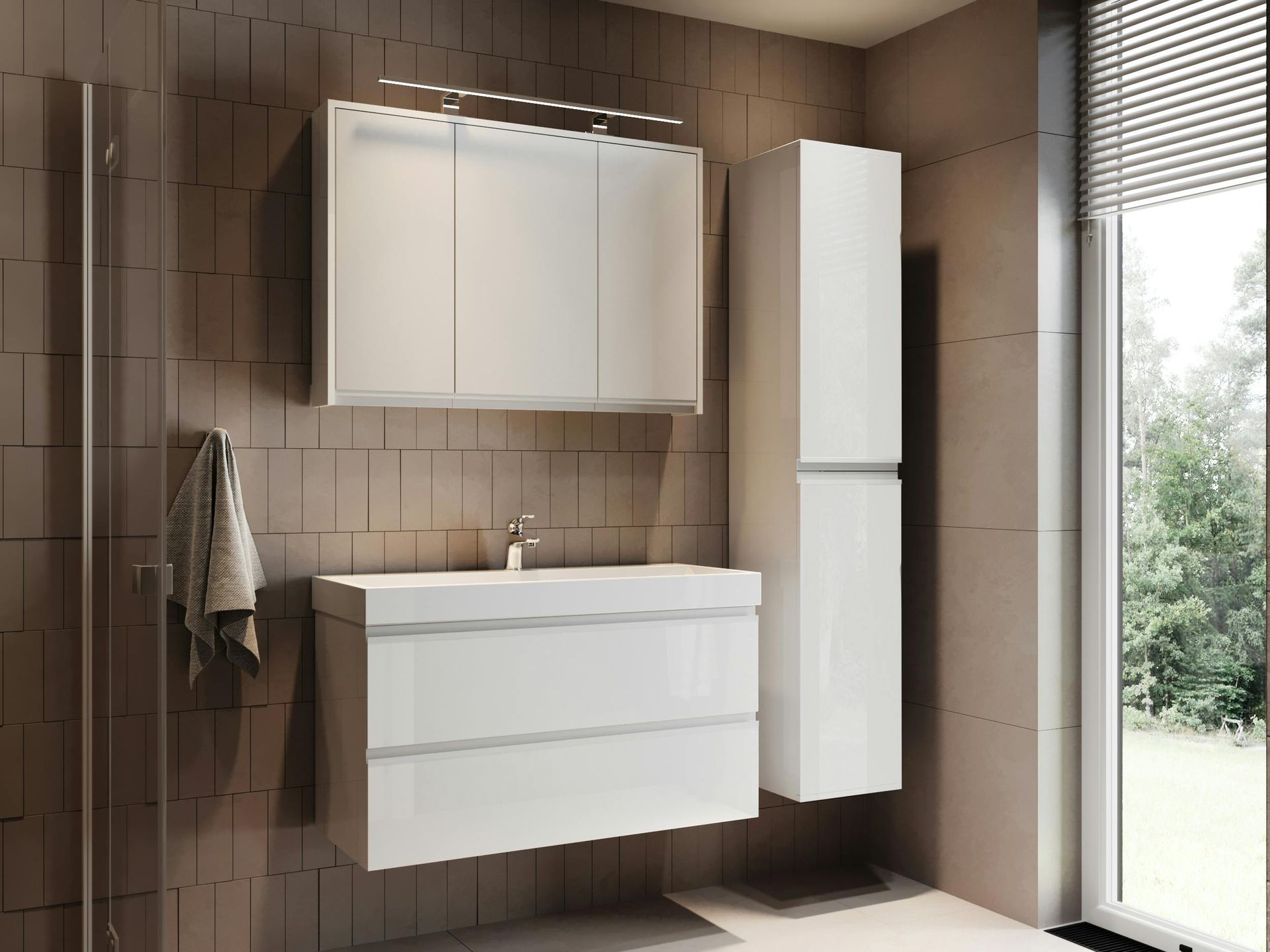 Wall-mounted double sink vanity with clean lines, storage drawers, and modern cabinet design in a master bath.