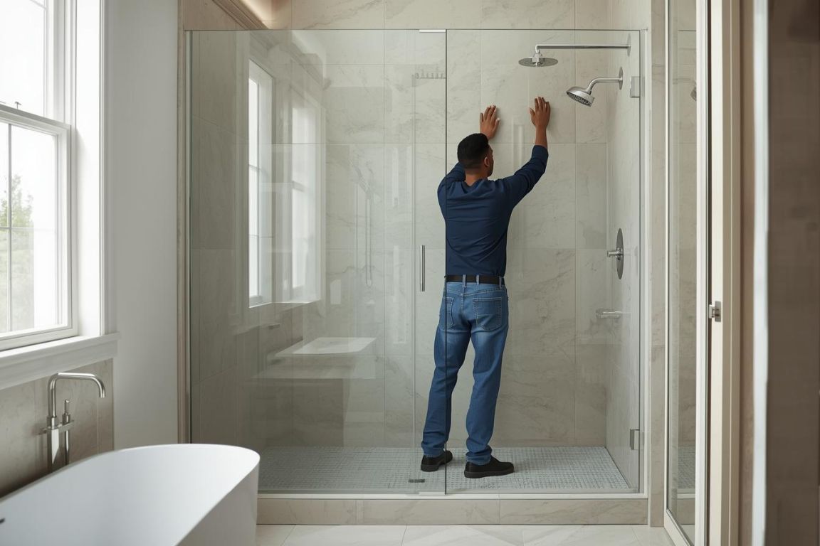 Bathroom remodeler installing a glass shower panel inside a modern walk-in shower with light tile walls in a bright, updated bathroom.
