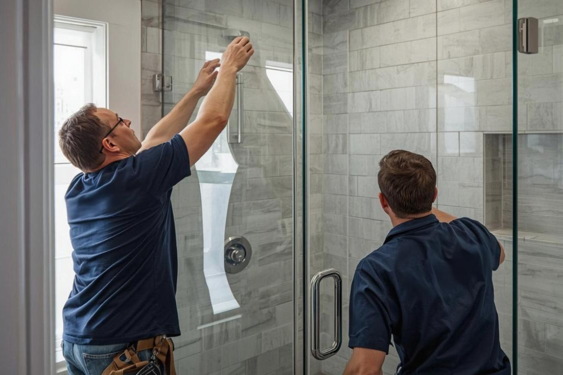 Bathroom remodeling contractors installing frameless glass shower enclosure with marble-look wall panels during shower renovation.
