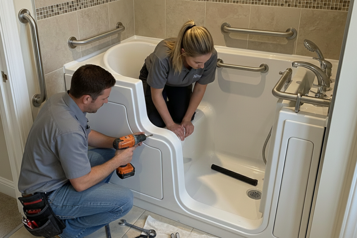 Technicians installing a walk-in tub with low-entry door, grab bars, and built-in seat as part of an accessible bathroom safety upgrade.