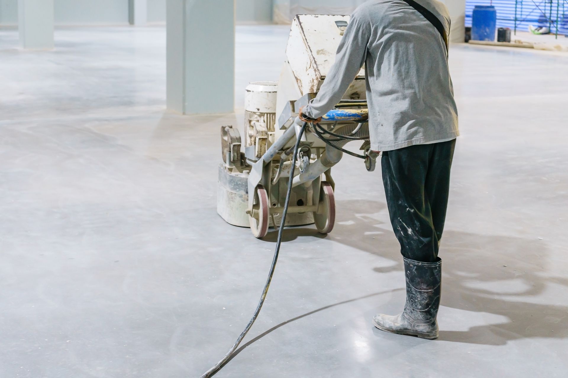 worker using polishing machine on floor