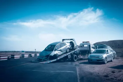 A tow truck is towing a car on the side of the road.