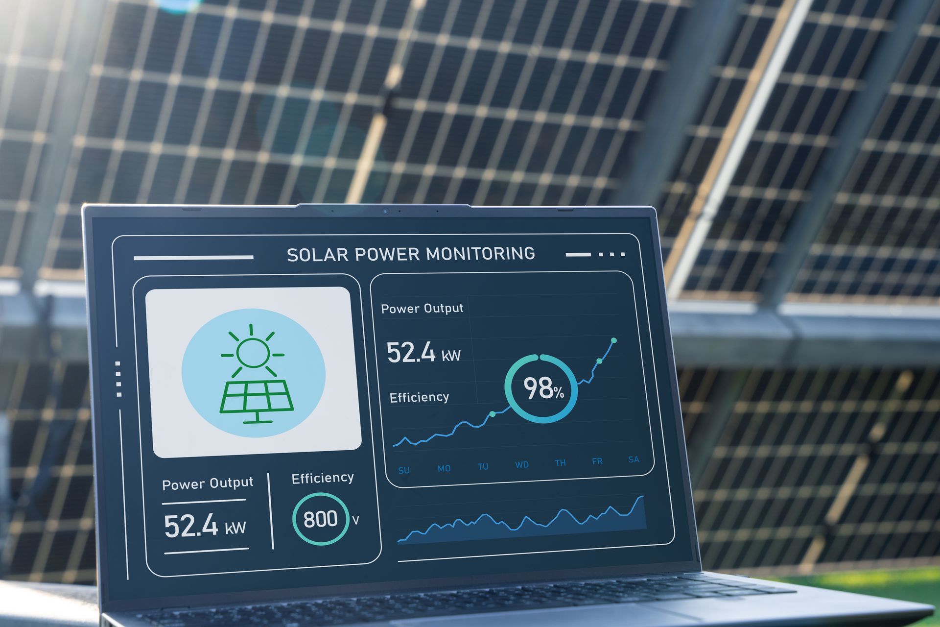 Laptop displaying solar power monitoring data with solar panels in the background