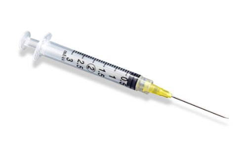 Syringe, clear with a yellow needle, against a white background.