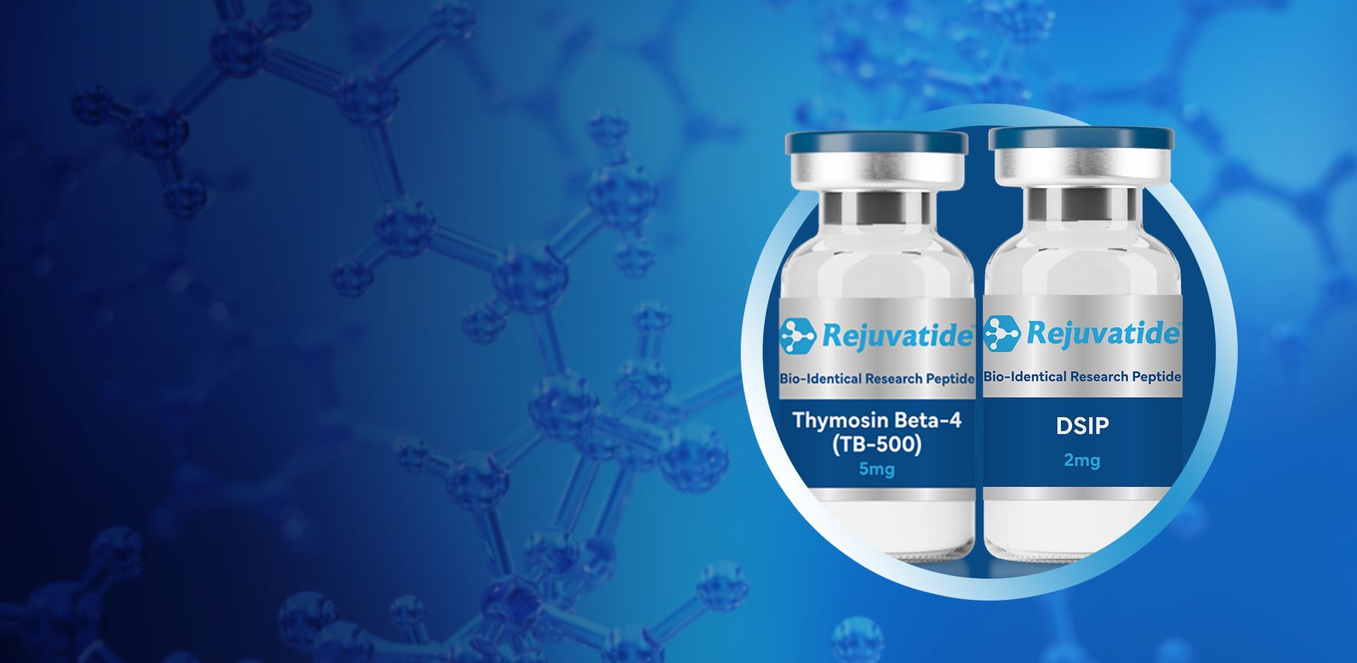 Two vials of Thymosin Beta-4 (TB-504) medication against a blue background.