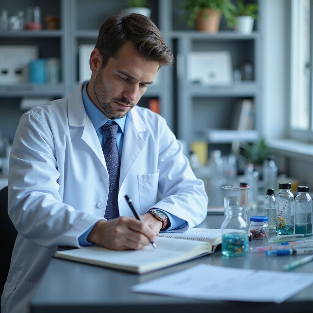 Man in lab coat writing in notebook at a desk with lab equipment.