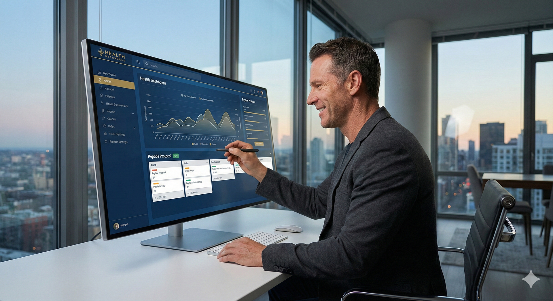 Man pointing at a large computer screen displaying data; seated at a desk near a window with a city view.