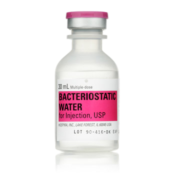 Vial of Bacteriostatic Water for Injection, USP, with pink label and cap.