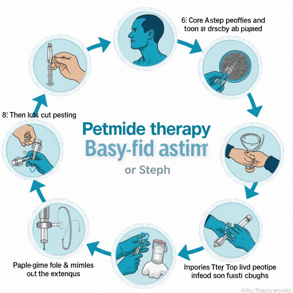 Diagram of a medical procedure with labeled steps around a person's head, possibly asthma treatment.