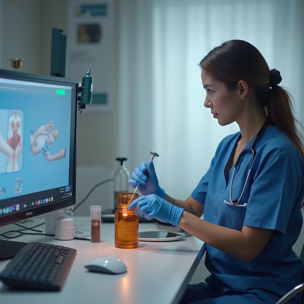 Female medical professional preparing medicine at a desk in a clinic, wearing scrubs and gloves.