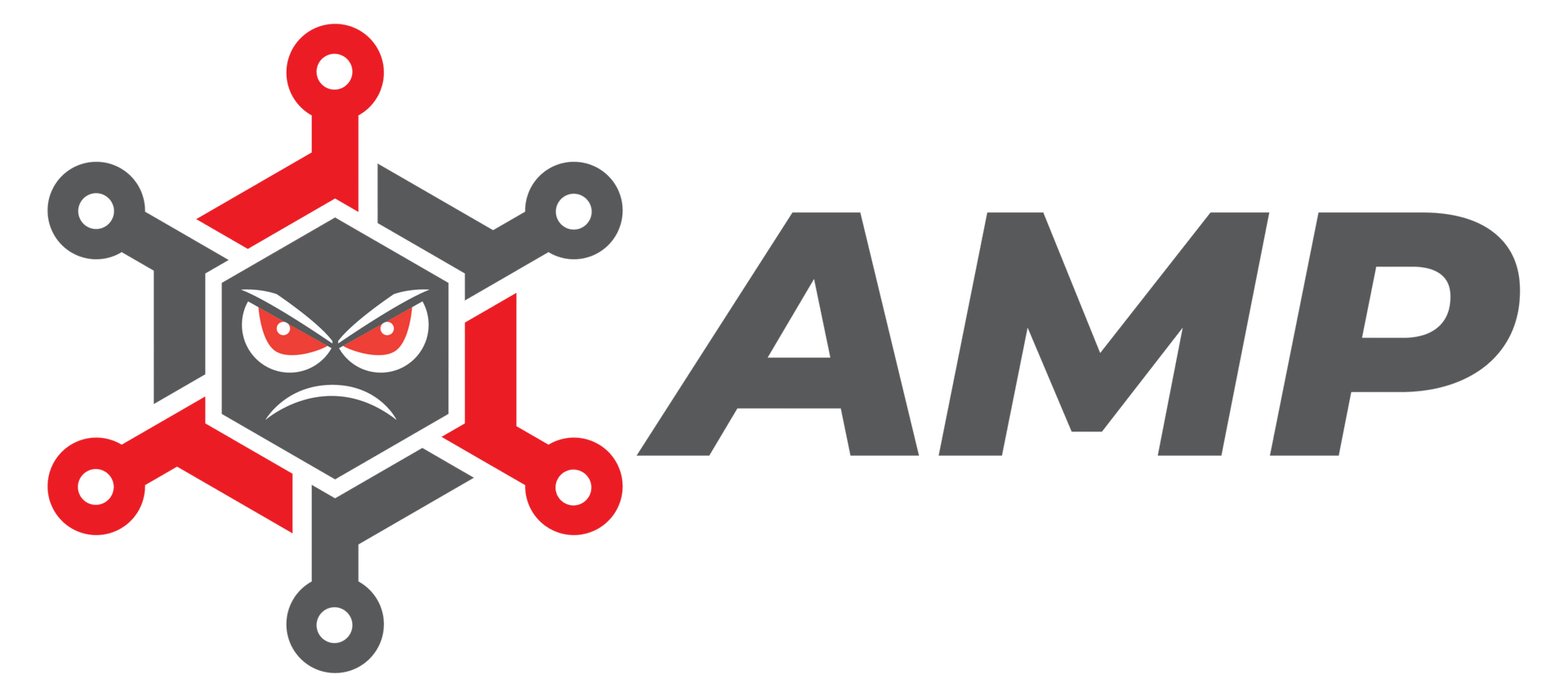 Ameano Peptides logo with a red and gray hexagonal tech icon and bold gray “AMP” text