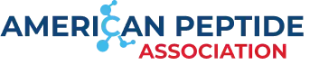 American Peptide Association logo with blue molecular structure graphic integrated into the word 'American' and the word 'Association' in red beneath it.