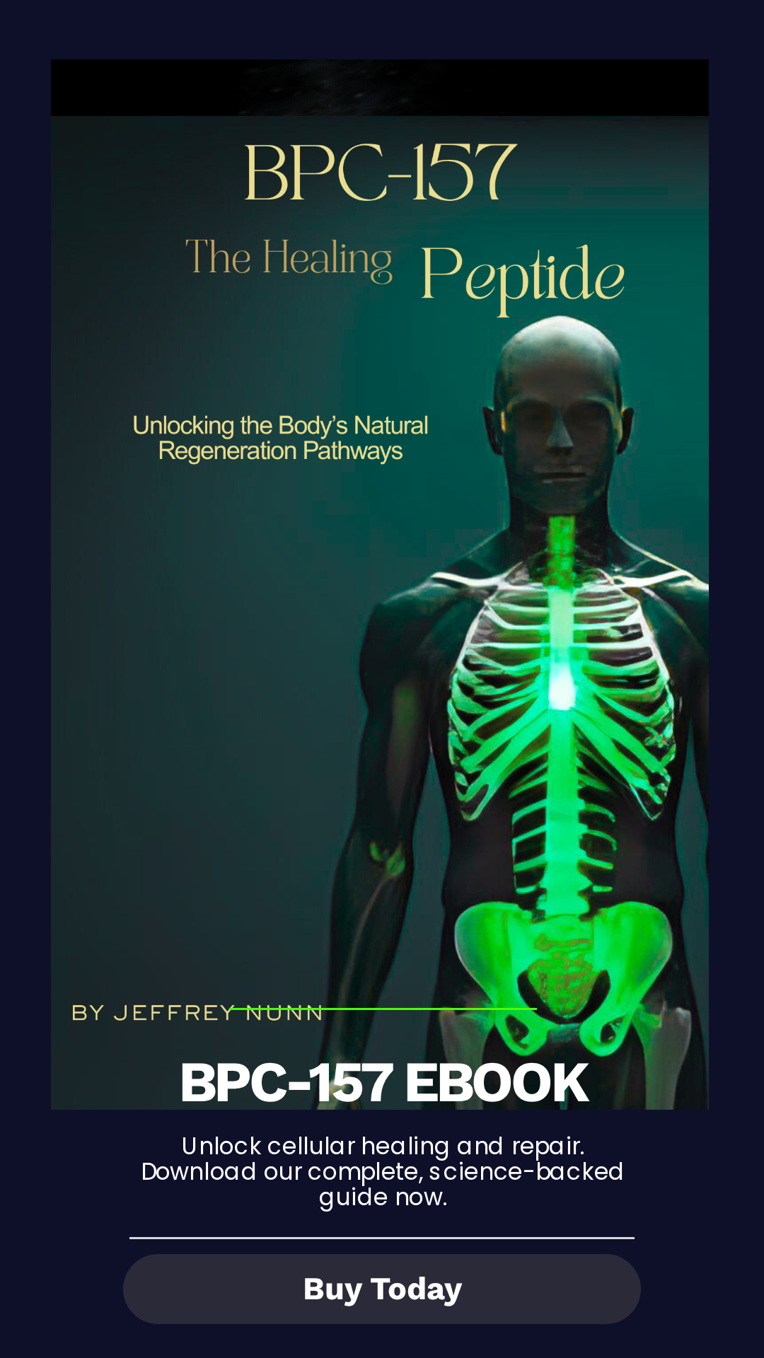 Ebook cover: Man with glowing skeleton, BPC-157 title,
