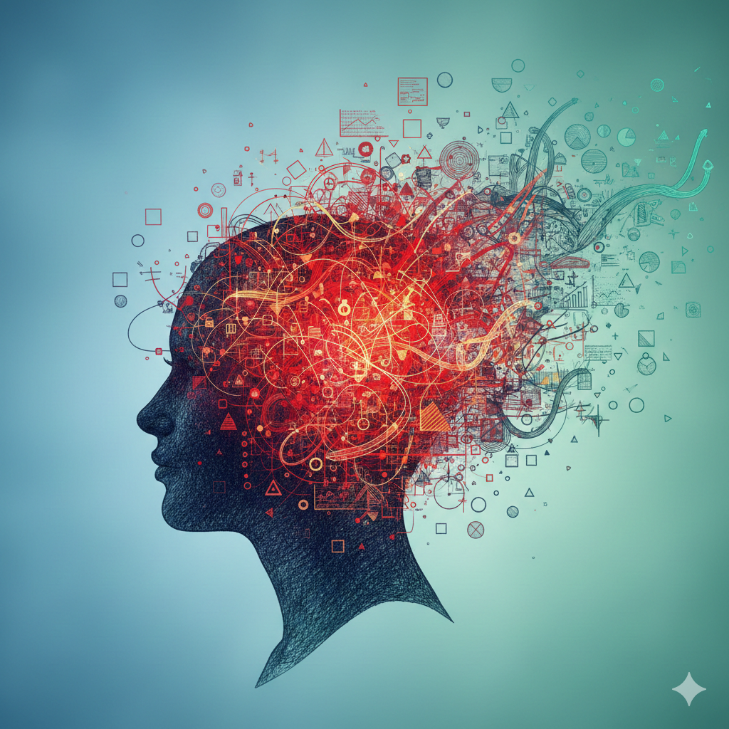 Silhouette of head with exploding, glowing brain, surrounded by geometric shapes and lines.