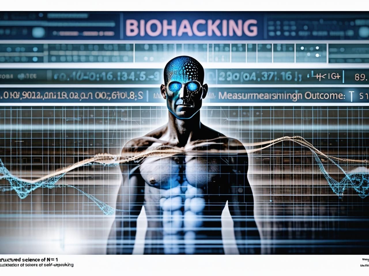 Muscular man with digital enhancements, representing biohacking. Blue data overlay, 