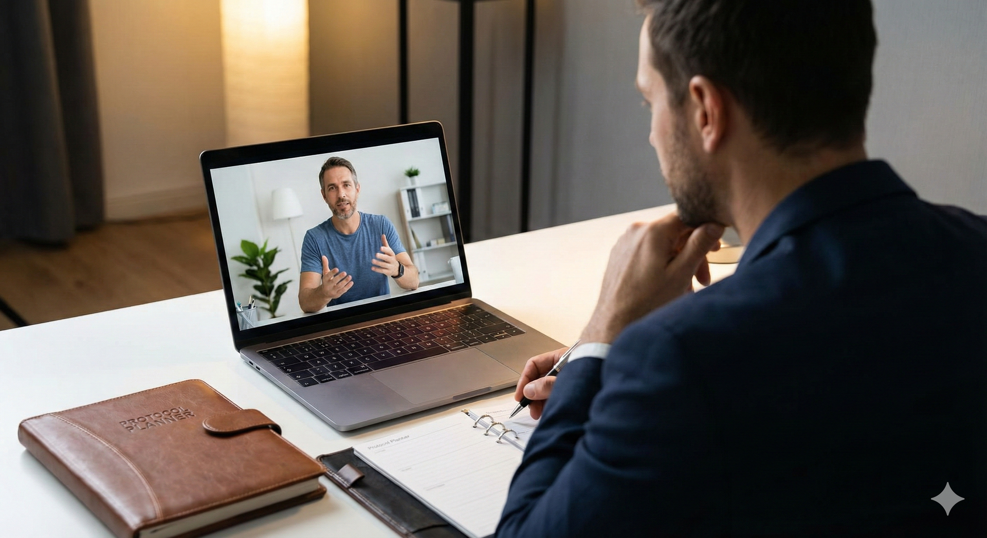 Man in suit at desk, video conferencing with another man on laptop, taking notes.